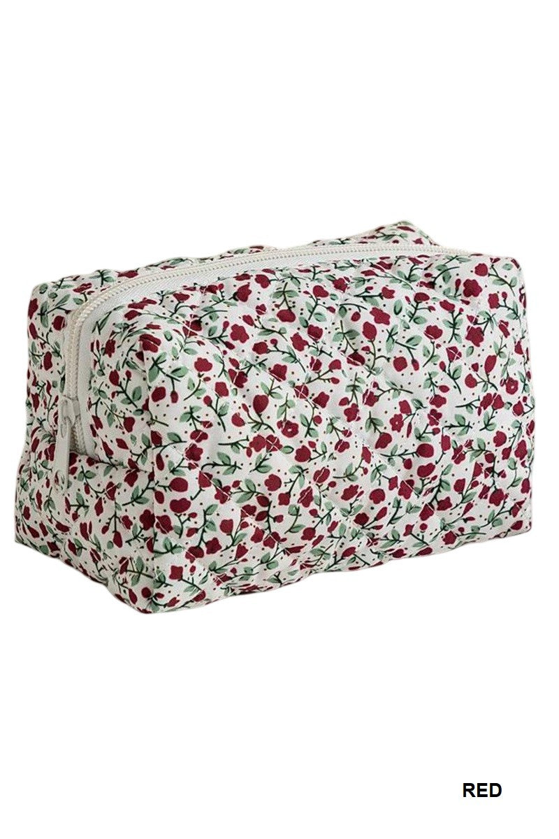 Quilted floral cosmetic pouch