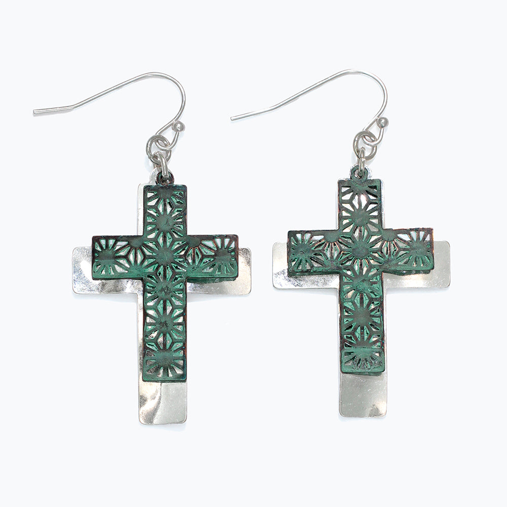 Silver+Patina Cutout Cross Earrings