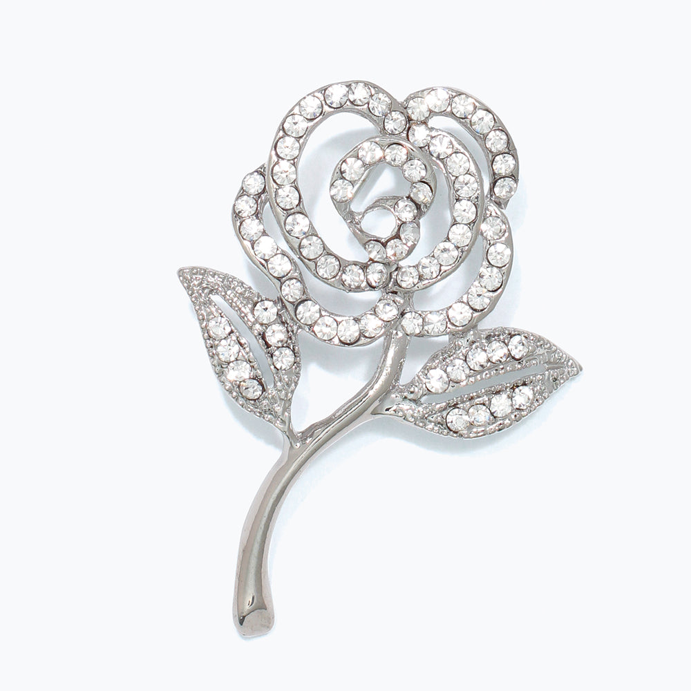 Silver Crystal Rose Brooch